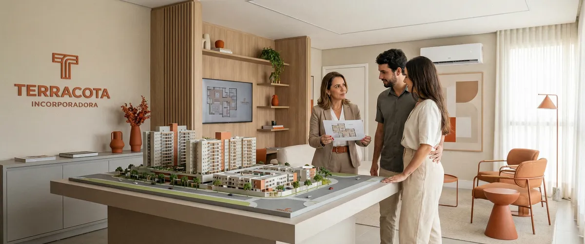 Corretora mostrando planta de apartamento para casal